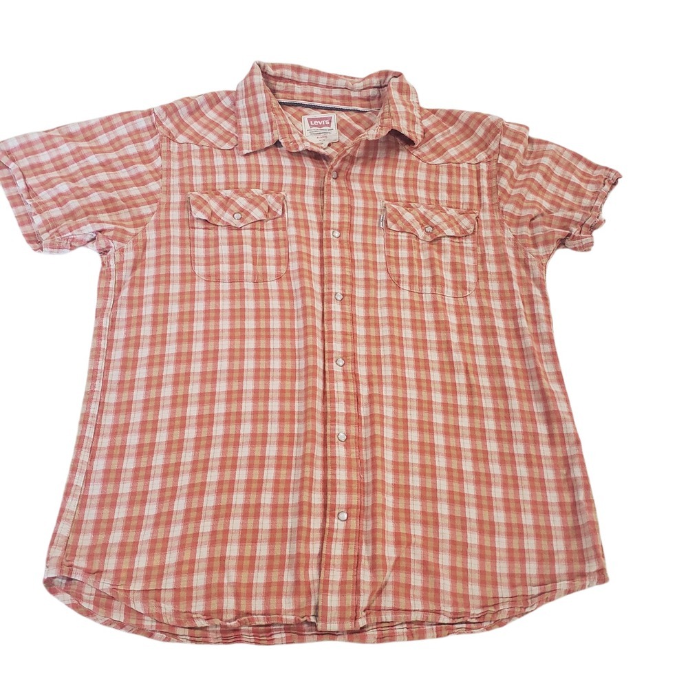 Levis Button Up Shirt Men Orange Yellow XL Plaid Chest Pocket Pearl Snap Western